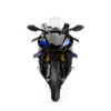 Front view of the 2025 Yamaha YZF-R1M sportbike. Black and blue color scheme.
