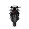 Rear view of the 2025 Yamaha YZF-R1M motorcycle. Sportbike with exhaust, lights, and mirrors.