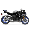 2025 Yamaha YZF-R1M sportbike. Black, silver, and blue color scheme. High-performance motorcycle.