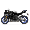 2025 Yamaha YZF-R1M sportbike. Black and silver motorcycle with blue accents and wheels.