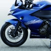 A 2024 Suzuki Gixxer SF 250 motorcycle in blue is parked on gray asphalt, displaying its front wheel, body, and visible logo.