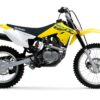 A side-view image of a yellow and black Suzuki DR-Z125L Large Wheel dirt bike showcases its knobby tires, visible engine, and high suspension.
