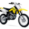 Side view of the SUZUKI DR-Z125L LARGE WHEEL in yellow and black, featuring knobby tires, exposed suspension, and a dual exhaust system.