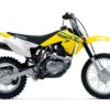 The vibrant yellow SUZUKI DR-Z125L LARGE WHEEL dirt bike boasts a sleek black seat and crisp white side panels against a stark white background.