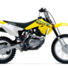A SUZUKI DR-Z125L LARGE WHEEL dirt bike in yellow, featuring a black seat and white accents, is shown in side profile on a pristine white background.