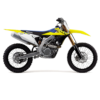 Side view of a yellow and blue SUZUKI RM-Z450 dirt bike with black tires, a silver frame, and the Suzuki logo prominently displayed on the side.