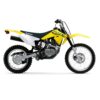 The SUZUKI DR-Z125L LARGE WHEEL dirt bike is displayed from the side, featuring a yellow design with black and white accents, knobby tires, and a visible engine—ideal for stylishly navigating rugged terrains.