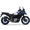 Side view of the SUZUKI V-STROM 650XT in blue, white, and black, highlighting its rugged engine, sleek windshield, and spoked wheels.