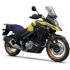 A SUZUKI V-STROM 650XT motorcycle is shown in a vibrant yellow and black color scheme with gold rims and a sleek windshield, photographed from a front-side angle.