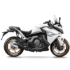 White CFMOTO 650 GT ABS motorcycle, side view. Sport touring bike with bronze wheels and black accents.