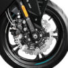 Close-up of a CFMOTO 650 GT ABS motorcycle front wheel, prominently displaying the disc brake, ABS sensor, tire details, and brake caliper—demonstrating precision engineering.