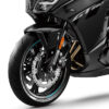 Close-up of a CFMOTO 650 GT ABS motorcycle front wheel and fork, highlighting dual-disc brakes, the brand logo, and sleek black bodywork featuring "GT 650" graphics.