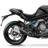 Side view of the CFMOTO 650 GT ABS motorcycle's sleek black rear, highlighting the wheel, suspension, and exhaust system against a pristine white background.