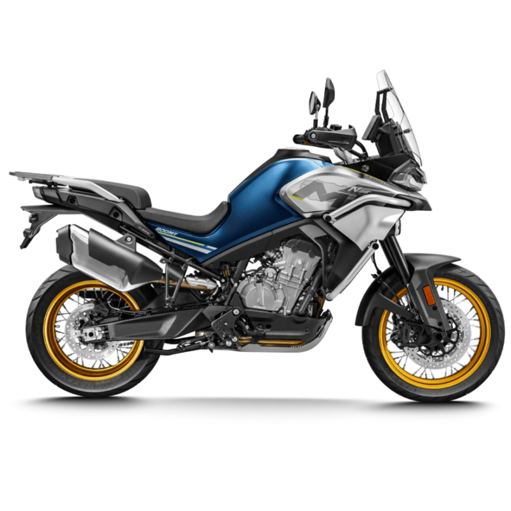 Side view of the CFMOTO 800 MT TOURING, a sleek blue adventure motorcycle with striking yellow-rimmed wheels, a large windshield, and visible engine components.