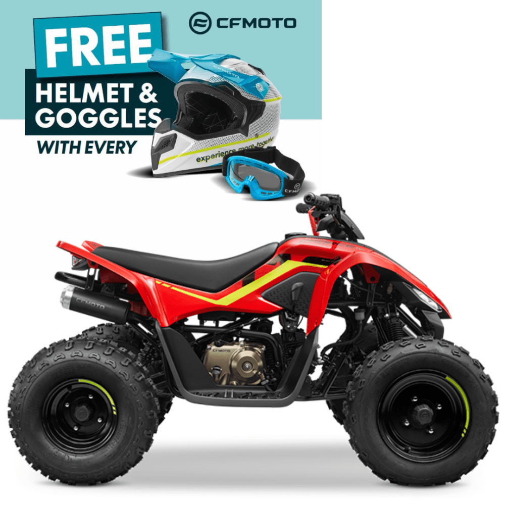 Red CFMOTO CX 2E ATV with black wheels, offering a free helmet and goggles as a promotional deal displayed above.