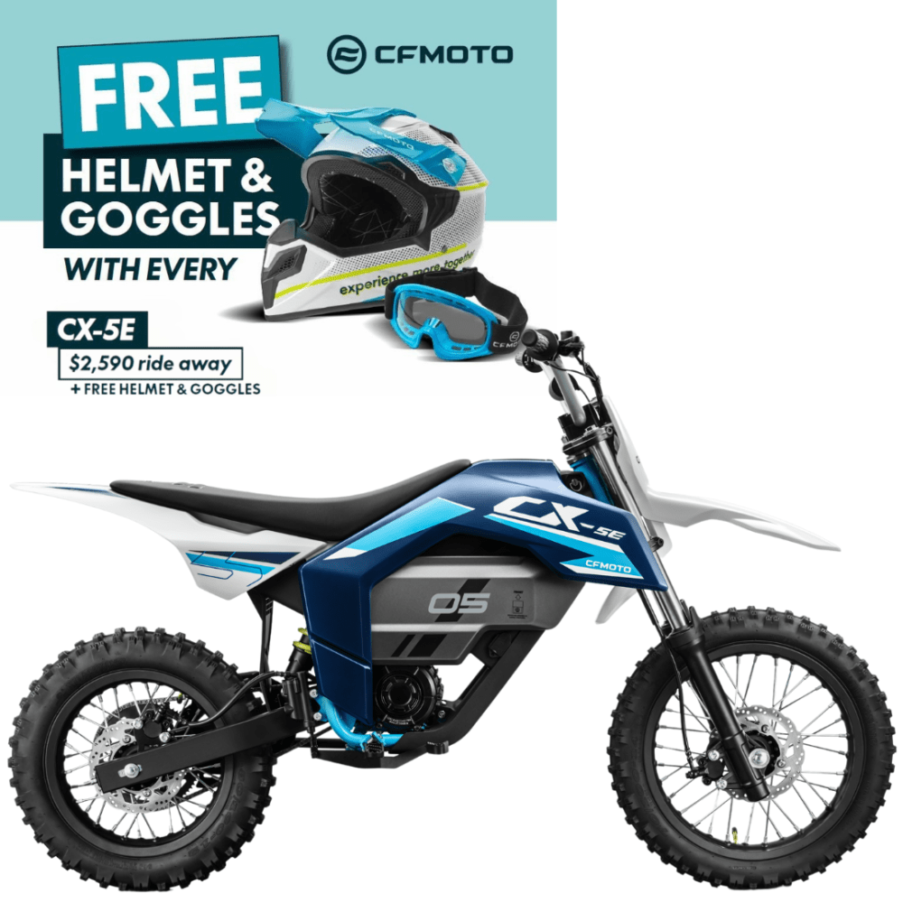 Promotional image of the CFMOTO CX 2E electric dirt bike with a helmet and goggles. Text: "Free Helmet & Goggles with Every CFMOTO CX 2E, $2,590 ride away.