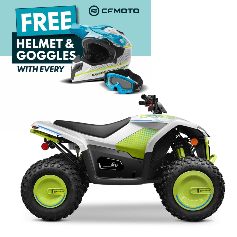 A sleek white and green CFMOTO CX 2E quad bike takes center stage. In the top left corner, a blue and white helmet with matching goggles presents an enticing offer: free gear with every purchase.