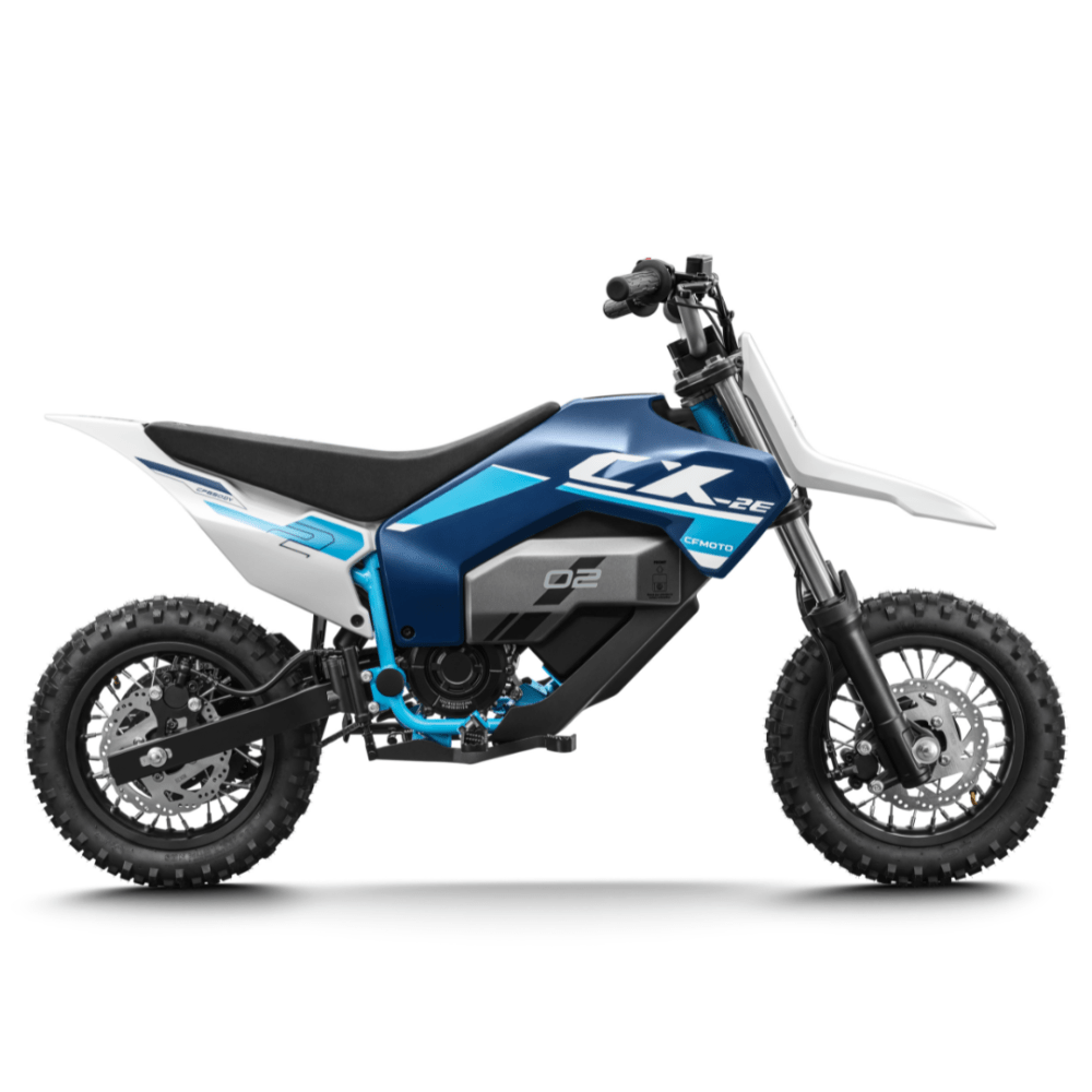 The CFMOTO CX 2E, in blue and white, is an innovative electric off-road motorcycle showcasing black tires.