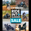 CFMOTO motorcycles summer sale. Collage of CFMOTO bikes: dirt bike, sport bike, touring motorcycle, and street motorcycle.