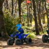 Two people ride YAMAHA YZF50 2025 quad bikes on a forest trail, wearing blue helmets and gear, surrounded by trees and bushes along the dirt path.