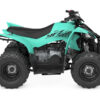 A side view of a teal YAMAHA YZF50 2025 ATV features four wheels with black tires and a black seat.