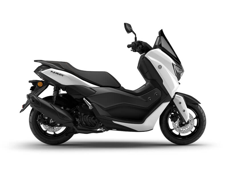 The YAMAHA NMAX 155 LAMS scooter, featuring a sleek white and black design, is parked on a plain background and viewed from the side.