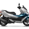 A side view of the CFMOTO 150SC shows a sleek modern scooter in silver and blue, featuring a black seat, large windshield, and prominent rearview mirrors.