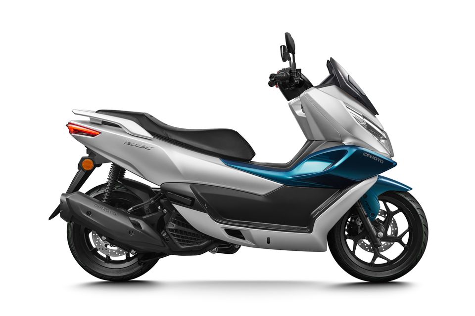 A side view of the CFMOTO 150SC shows a sleek modern scooter in silver and blue, featuring a black seat, large windshield, and prominent rearview mirrors.