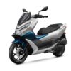 The CFMOTO 150SC, a modern scooter in silver and blue, boasts a sleek design with angular headlights and a front disc brake, showcased from the side against a white background.