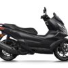 The CFMOTO 150SC is a black scooter parked on a white background, boasting a sleek design with a comfortable seat, rear suspension, and prominent front fairing.