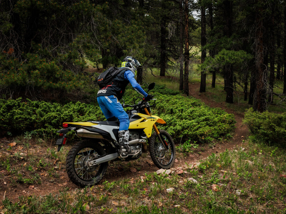 Dressed in blue riding gear and a helmet, a rider navigates a narrow forest trail on a yellow SUZUKI DR-Z 4S 2025 dirt bike.