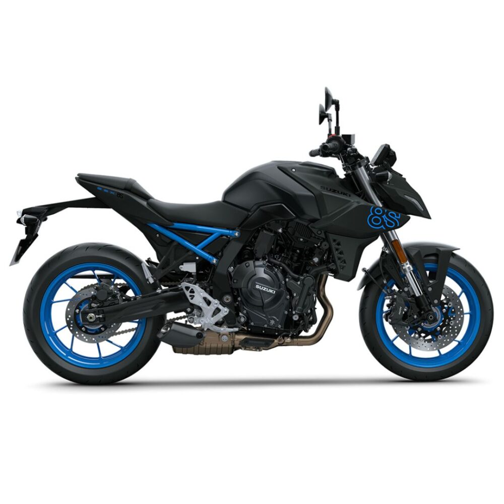 The sleek black SUZUKI GSX-8S 2024 motorcycle with blue rims features a modern, angular design, ideal for street use. It is parked on a plain white background.